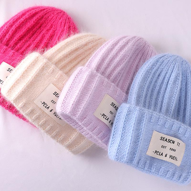 2022 зимняя шапка из кроличьего меха для женщин, мягкие теплые пушистые однотонные вязаные шапки из ангоры, кашемировые шерстяные шапочки Skullies