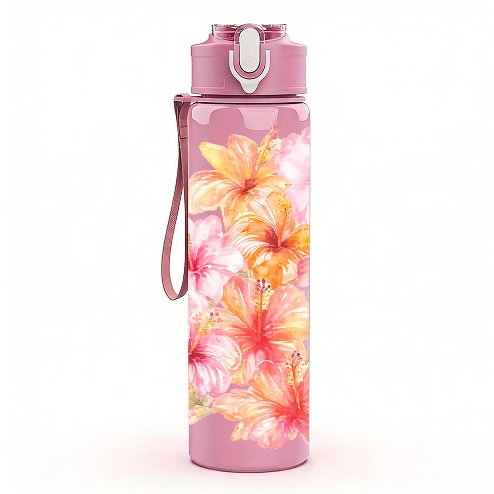 1PC Soft Pink Cherry Blossom Print 750ml Color Plastic Sports Water Bottle Leakproof Flip Straw Lid Suitable for Sports Office Home Use