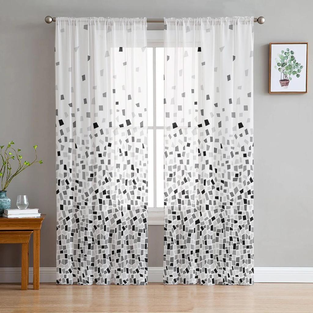 Geometric Figures Red Black Grey Abstract Bedroom Transparent Sheer Curtains Holiday Decoration Window Voile Tulle Curtain