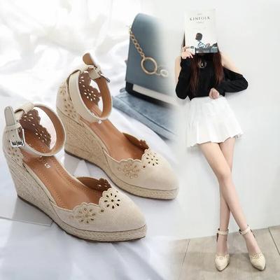 Женские весенние и летние босоножки на покатом каблуке, открытые одинарные туфли, остроносые, на высоком каблуке, толстая подошва, соломенная женская обувь