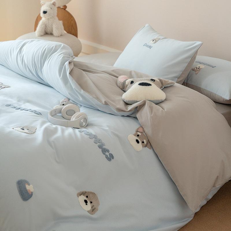 Egyptian Cotton Cute 3D Animal Embroidery Bedding Set Ultra Soft Comfortable Duvet Cover Elastic Fitted Sheet Pillowcases
