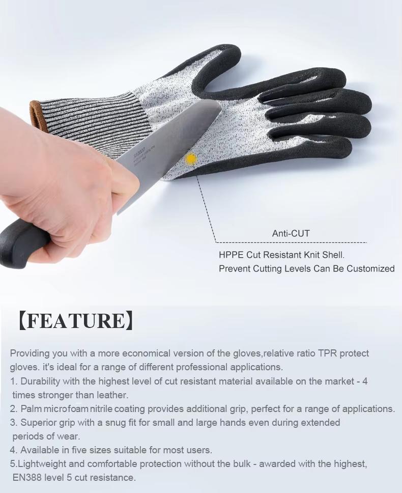 CE EN388 Certified Great Grip Nitrile Coated Construction Gloves Level 5 Anti-Cut Puncture-Resistant Oil Water Resistant Gloves