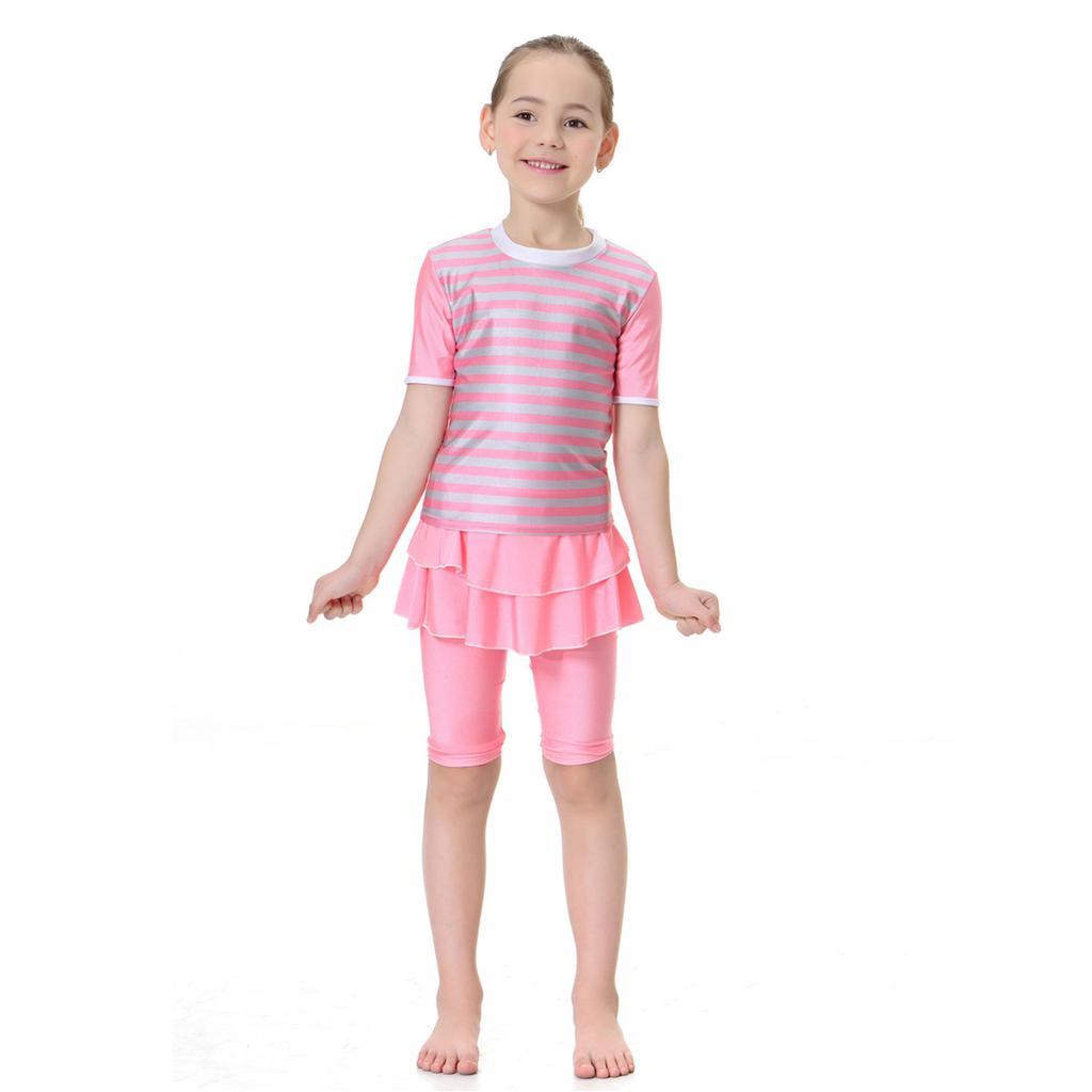 Girls Muslim Swimwears Split Two-piece Swimming Suit Short Sleeve Striped Kids Swimsuit