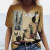Women's T-shirt Cartoon Cat Print Summer V-neck Kawaii Fashionable Casual T-shirt Short Sleeved Shirt
