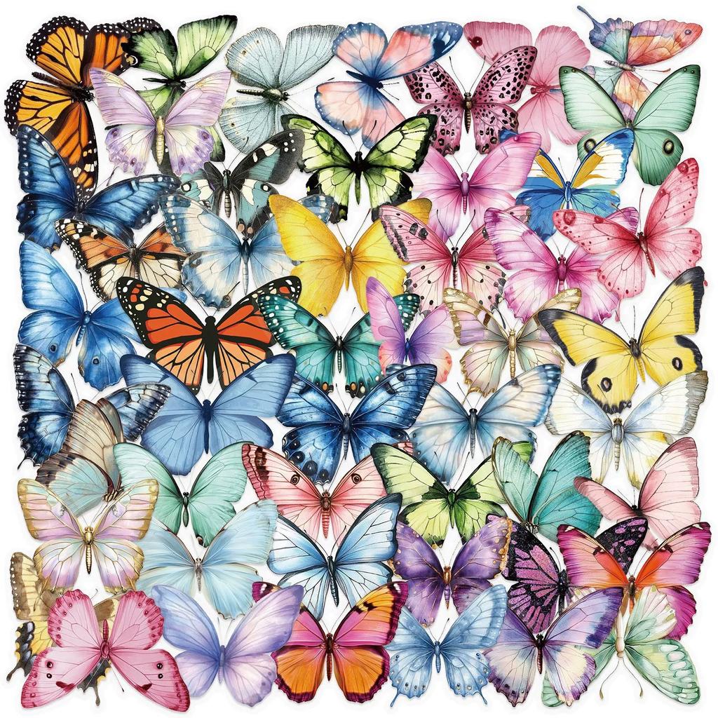 Variety 50PCS Cartoon Butterfly Sticker Pack Waterproof Transparent PET Decorative Guitar Notebook Stationery Stickers