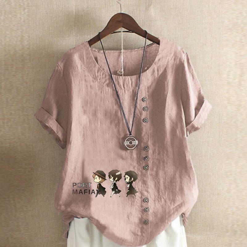 Женская новая модная льняная рубашка с круглым вырезом и коротким рукавом, футболка с принтом «Три детектива», летняя женская повседневная блузка больших размеров