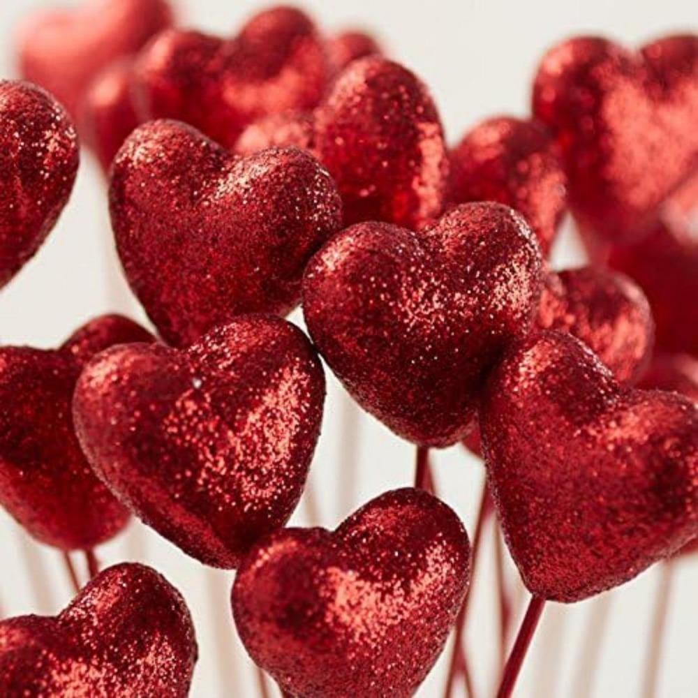 50 Pcs Glitter Foam Hearts Picks Valentine's Day Sparkly Foam Hearts Stems Wooden Glitter Heart Puffy Heart Picks for Valentine Flower Arrangements
