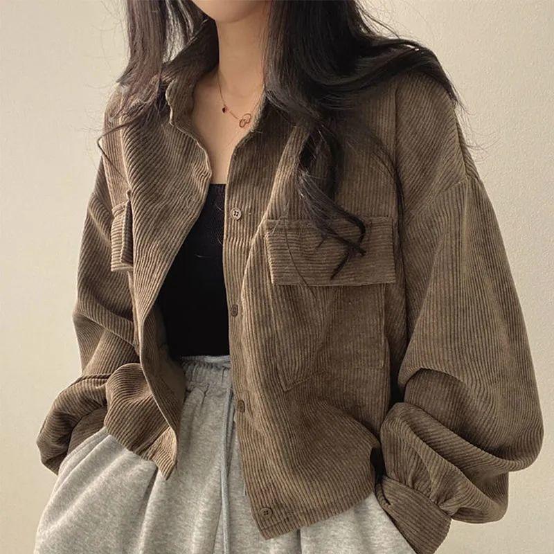 Corduroy Cropped Women Jackets Oversized Harajuku Vintage Streetwear Cool Chic Black Coat Korean Fashion Female Loose