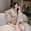 Шампанское Ледяной Шелковый Пижамный Комплект: Элегантный, Омолаживающий, с Длинным Рукавом и Брюками для Женщин - Идеально для Весны и Осени.