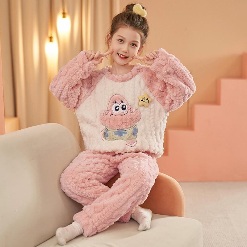 Girls Warm Coral Fleece Pajama Set Long Sleeve Cartoon Print Soft Home Wear Winter