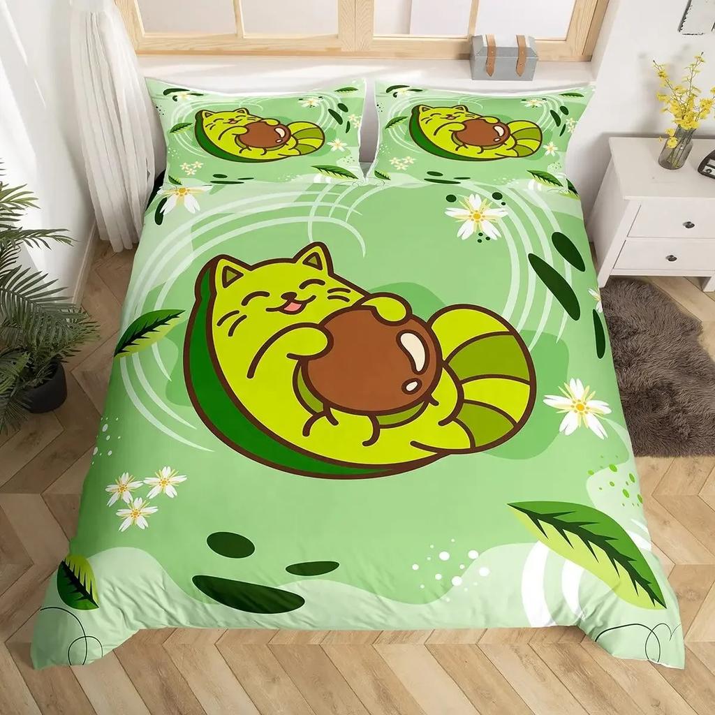 Fruit Duvet Cover Collection Cute Cartoon Avocado Decor 3 Piece Bedding Collection With 2 Pillow Shams Queen King Full Size Paprika Green