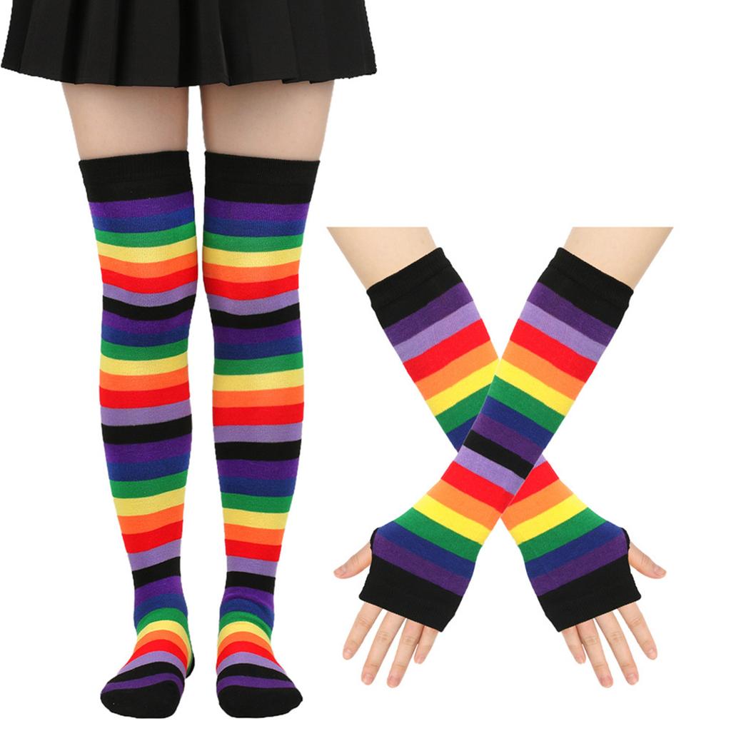 Модные полосатые хлопковые длинные перчатки + носки в комплекте