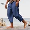Men Cropped Pants Drawstring Elastic Waist Solid Color Loose Pockets Split Deep Crotch Soft Breathable Summer Vacation Beach