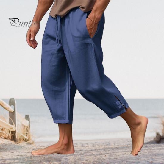 Men Cropped Pants Drawstring Elastic Waist Solid Color Loose Pockets Split Deep Crotch Soft Breathable Summer Vacation Beach