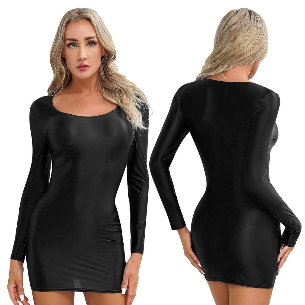 Women's Long Sleeve Bodycon Tight Pencil Dress Oil Glossy Sheer Micro Mini Dress Clubwear
