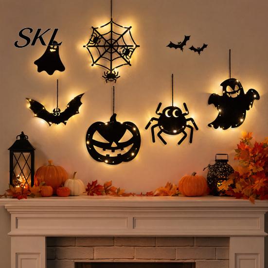 Halloween Home Decorations Pumpkin Hanging Decor, Non-Woven Ghost Ornament with Light String, Spooky Party Door Wall Decor for Scene, Trick