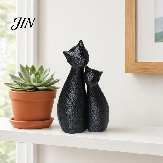 Cat Themed Home Decor Cute Black Statue, 3D Printed Figurine with Snuggle Pose, Heart Warming Minimalist Desk Shelf for Office, Gift Lovers Art