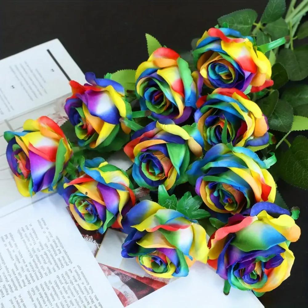 Rainbow Colorful Artificial Roses Flowers Realistic Touch Fake Flowers Mother's Day