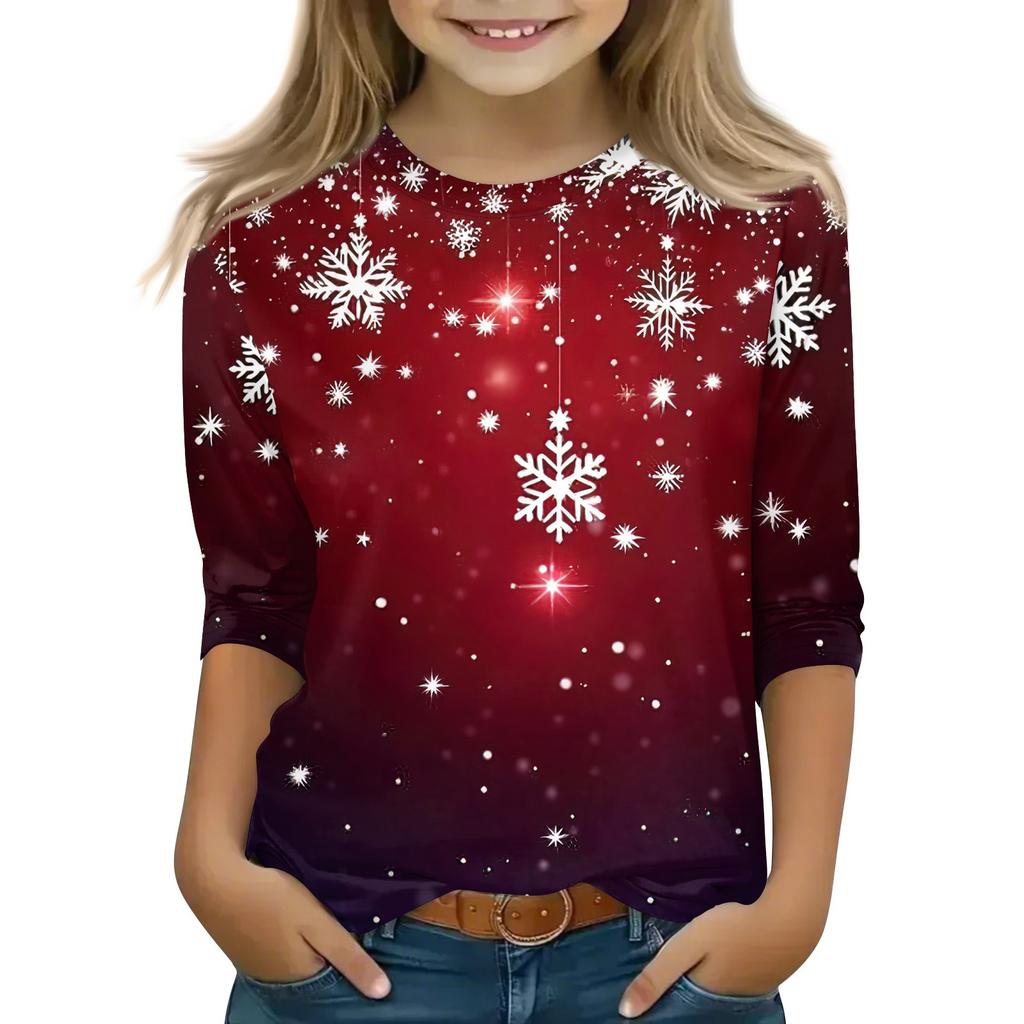 Children's 3/4 Sleeve Tops Casual Christmas Print T Shirt Round Neck Pullover Blouse