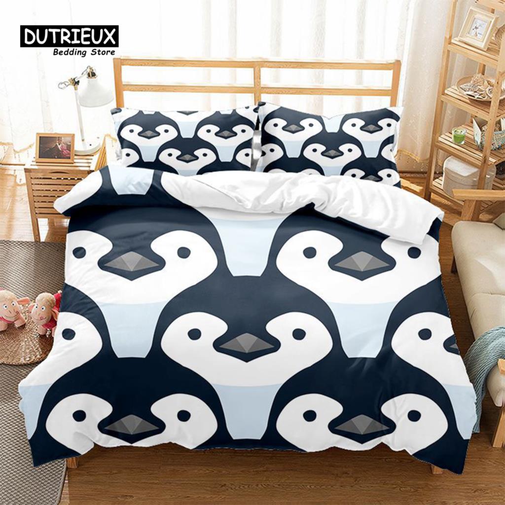 Милый комплект постельного белья с пингвинами, мультяшные животные, пододеяльник, комплект для близнецов, для мальчиков и девочек, декор комнаты, принт, одеяло, чехол с наволочками