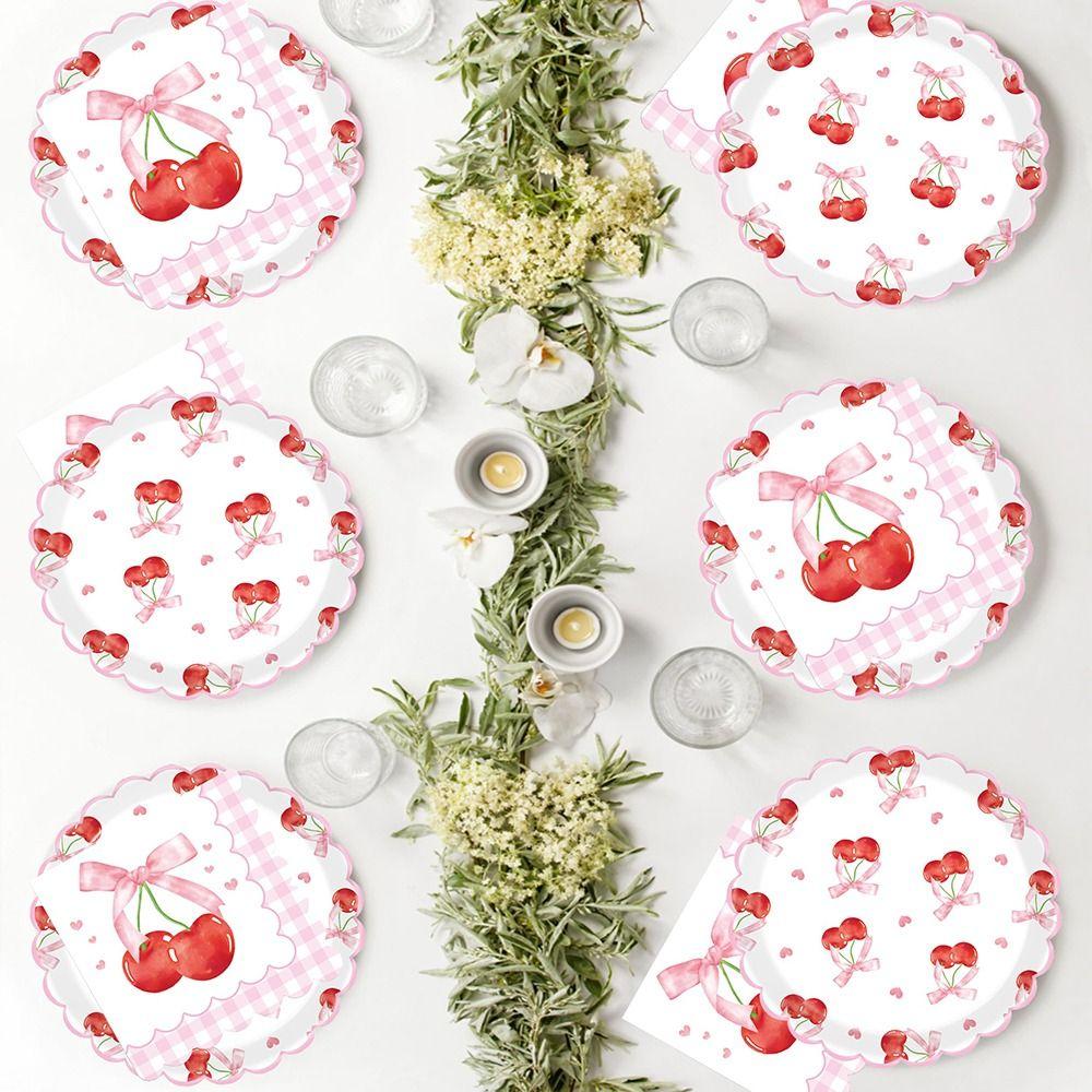 Cute Cherry Pattern Party Supplies Food Grade Napkin Tableware Set Scalloped Paper DIY Party Decoration Serves 20
