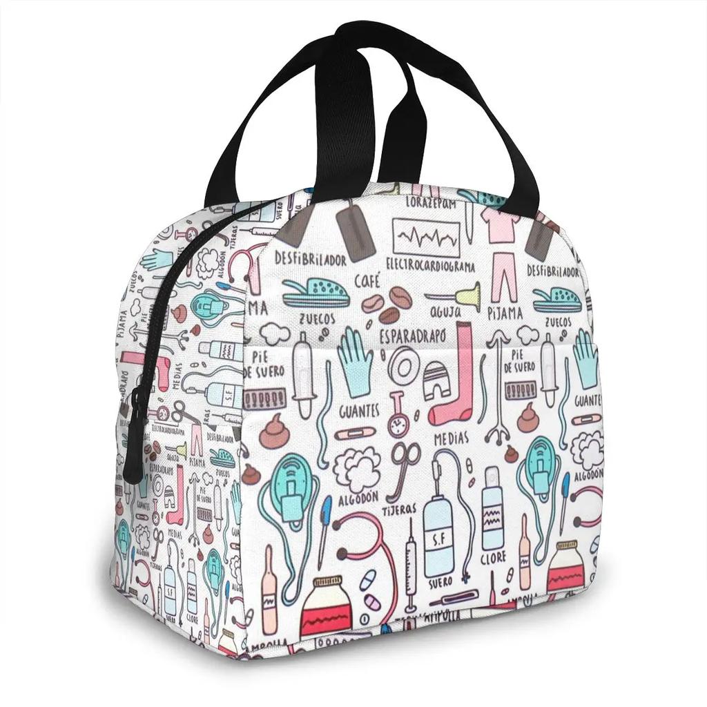 Travel Nurse Bag Insulated Lunch Bags Women Cartoon Nurse Print Food Case Cooler Warm Bento Box for Kids Lunch Box Picnic Bag