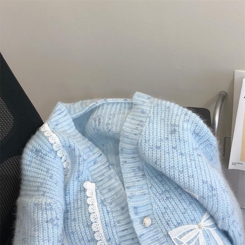 Осенне-зимняя женская нежная свободная ленивая ветровка трикотажная куртка кружевной бант свитер кардиган