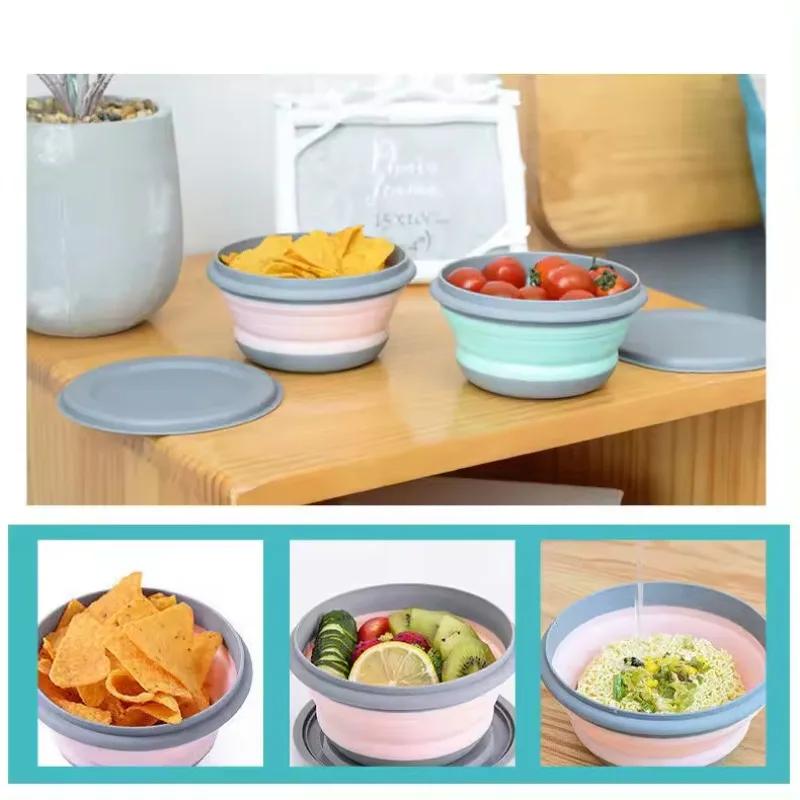 Круглый силиконовый складной ланч-бокс, складная миска для микроволновой печи, переносной складной контейнер для еды, салатница с крышкой