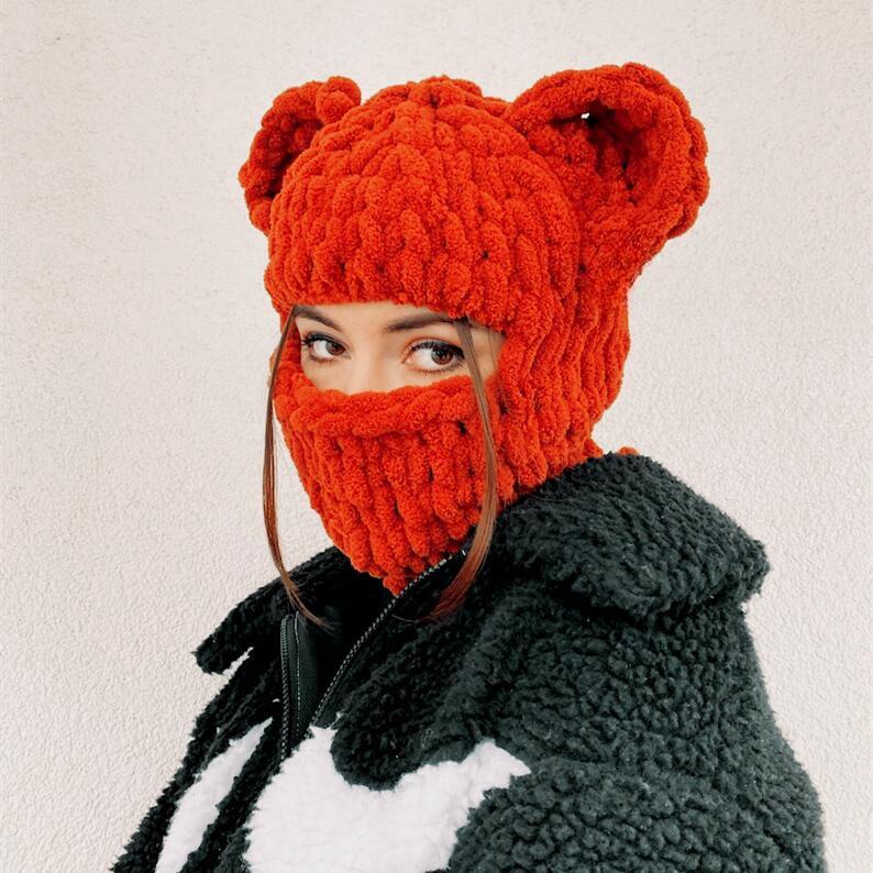 New Hand-Knitted Velvet Rabbit Ear Hat with Devil Horns - Warm, Thick, Sweet, and Stylish Spicy Girl Face Mask
