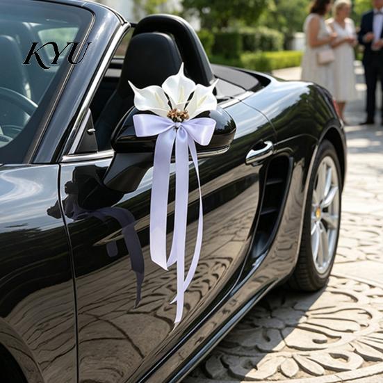 Rearview Mirror Ribbon Bows Calla Lily Wedding Car Door Handle Decorative Flower, White Artificial Flower Bouquet Elegant Gold Bead Satin Streamers