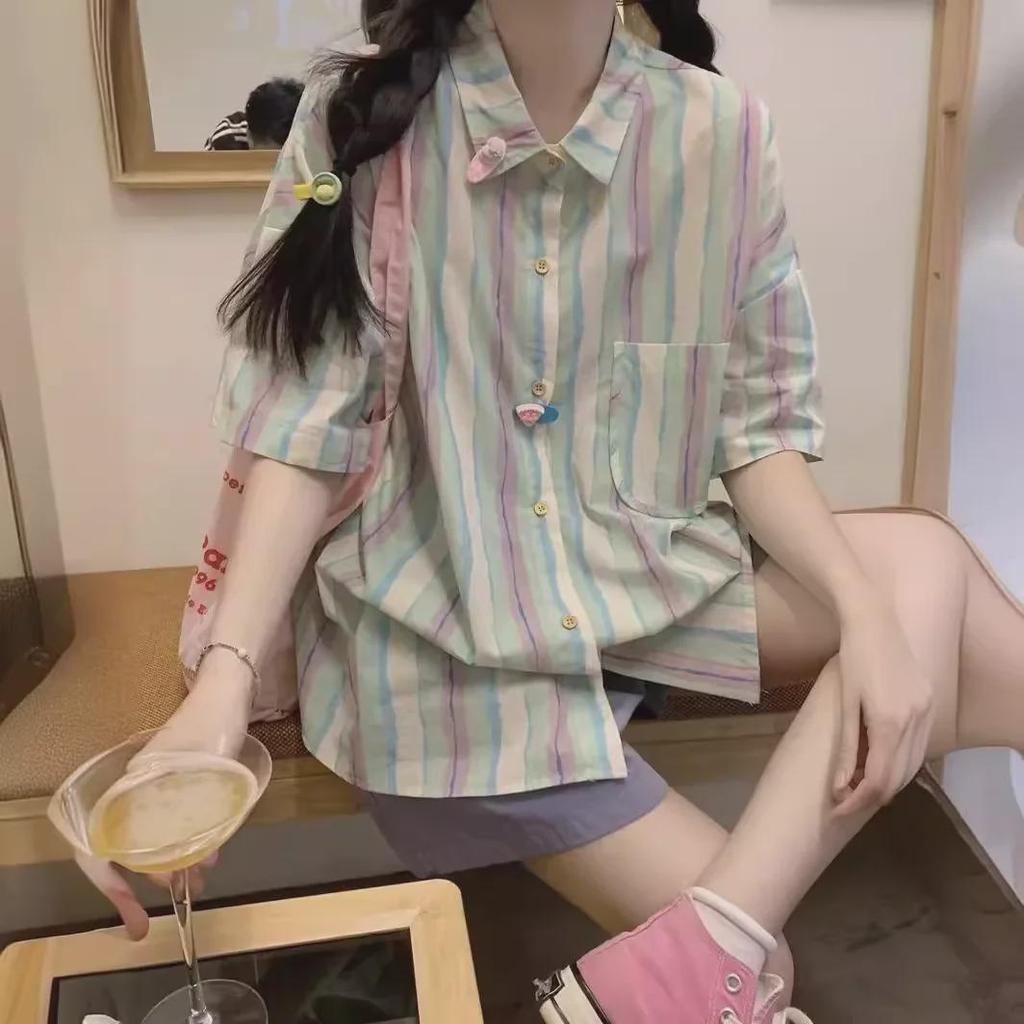 Dopamine Wear Women's Colorful Striped Short-Sleeve Shirt - Cute, Sweet, Loose Fit, Mid-Length for Summer