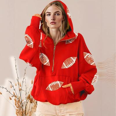 Женская толстовка с капюшоном, худи оверсайз на молнии до середины, с принтом регби с пайетками, осенний повседневный пуловер с карманами