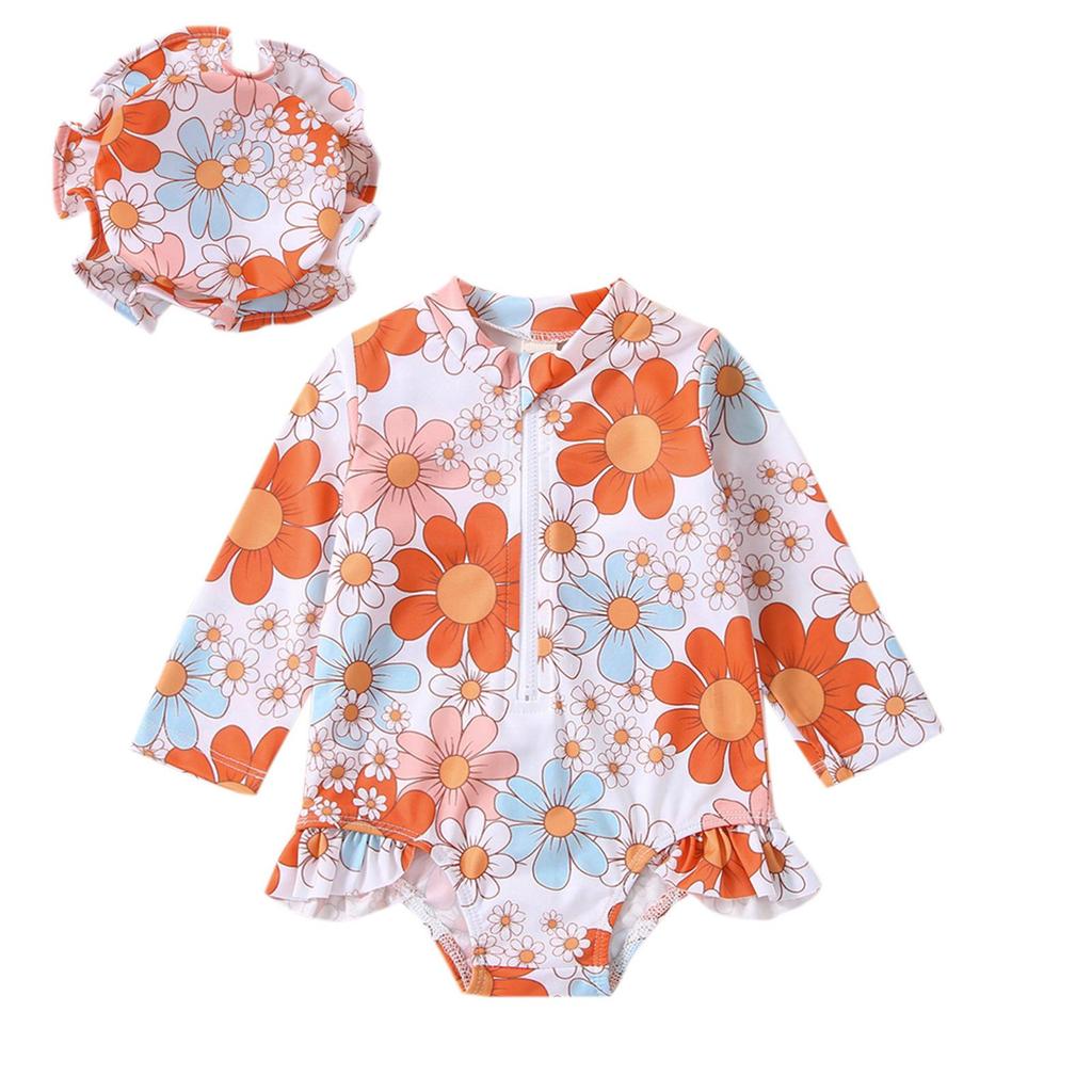 Children's Floral Long-Sleeve Swimsuit & Sun Hat Set - Quick-Dry, Sun Protection, Fashionable Beachwear for Girls