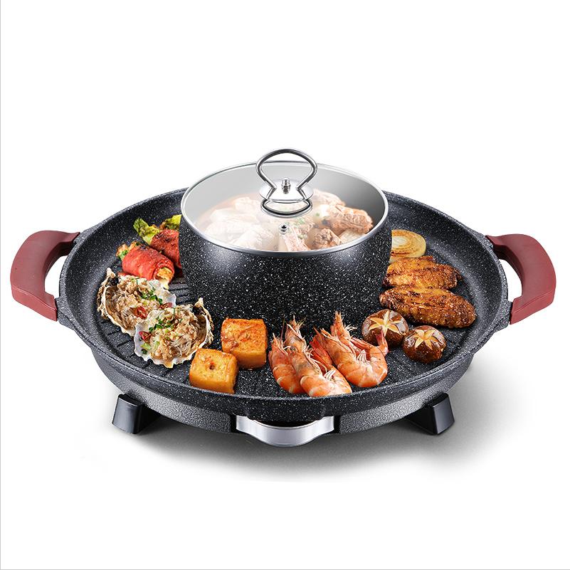 220V Household Electric Grill Pan For Home Round Barbecue Pan Non-stick Frying Pan Pot With Cooking Pot Multi Cooker