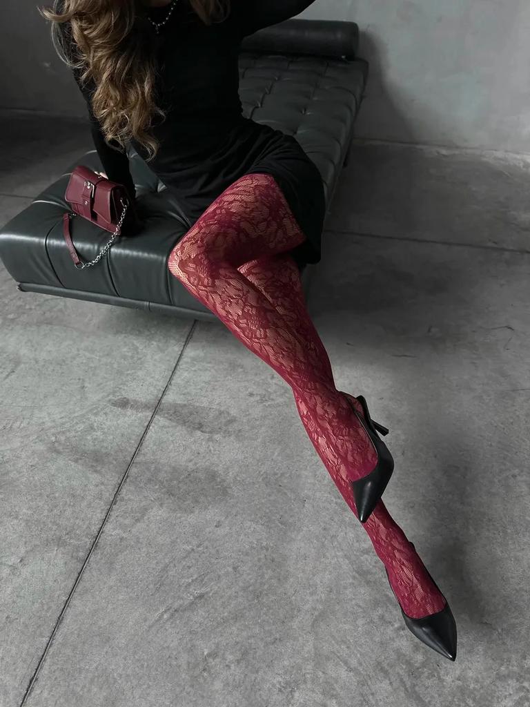 Kuwa Y2K Fashion Gothic Flower Hollow Out Sexy Pantyhose Women Fishnet Burgundy Tights High Elastic Leggings