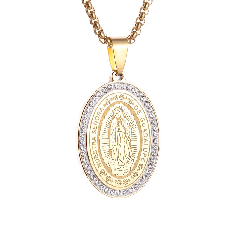 Virgin Mary Medal Pendant Stainless Steel Inlaid Zircon Necklace for Men Women Church Wear Prayer Jewelry Gift