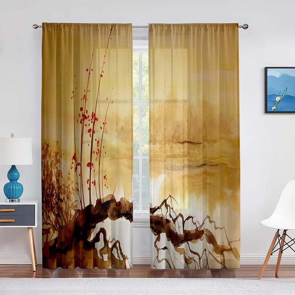 Птицы на ветке вишни, картина тушью, тюлевые шторы-вуали для спальни, оконные занавески для гостиной, прозрачные шторы, шторы