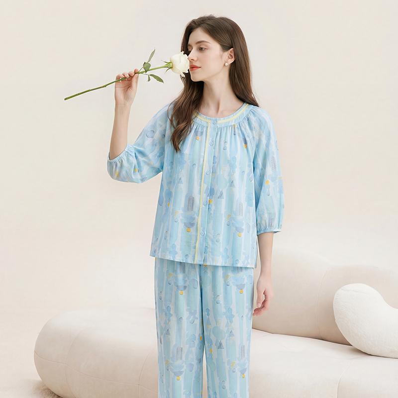 Fenteng [Breathable Woven] Border Round Neck Soft Cardigan, Blended for Outer Wear, Mid Sleeve Home Clothes Set, Women's Pajamas