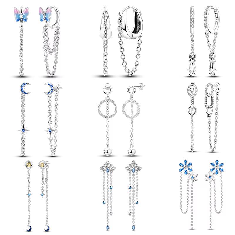 New Tassel Earrings 925 Silver Butterfly Snowflake Star Moon Tassel Ear Studs For Women Fine Engagement Birthday Jewelry Gifts