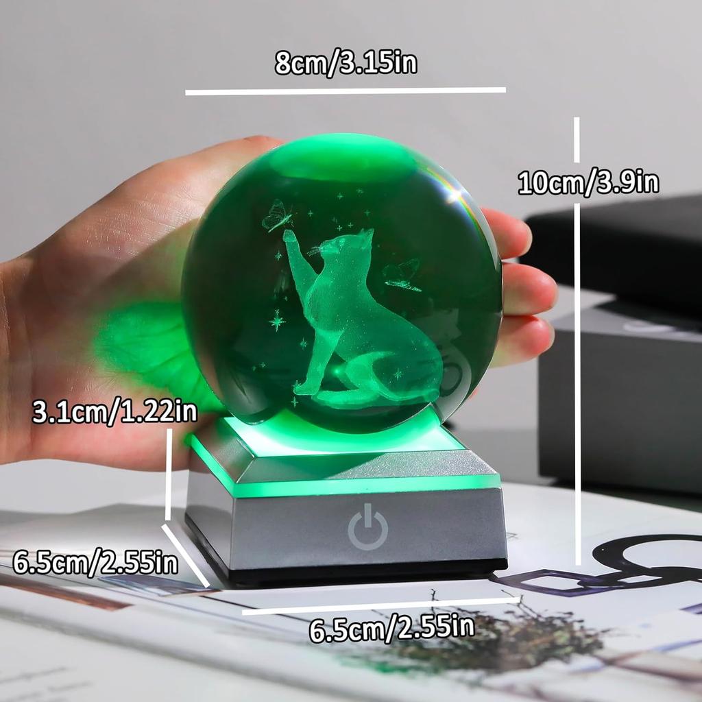 Орналрист 3,15 дюйма(около 8,0 см)Хрустальный шар с резьбой, 3D коллекция статуй кота и бабочки, офсетный пояс для веса бумаги, светодиодная основа, стеклянный шар для любителей кошек