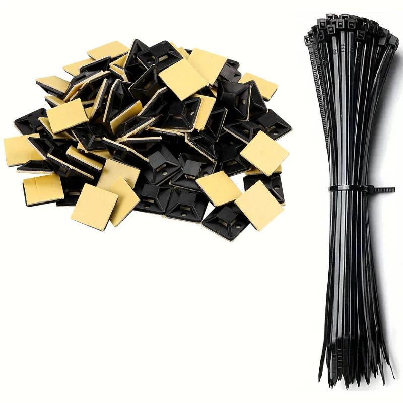 Крепление для стяжек, 200 шт., с самоклеящейся основой - Зажимы для организации кабелей и настенные дюбели для надежной фиксации проводов