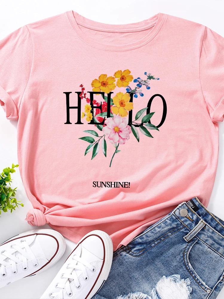 Hello Sunshine Flower Print Women T Shirt Short Sleeve O Neck Loose Women Tshirt Ladies Tee Shirt Tops Clothes Camisetas Mujer