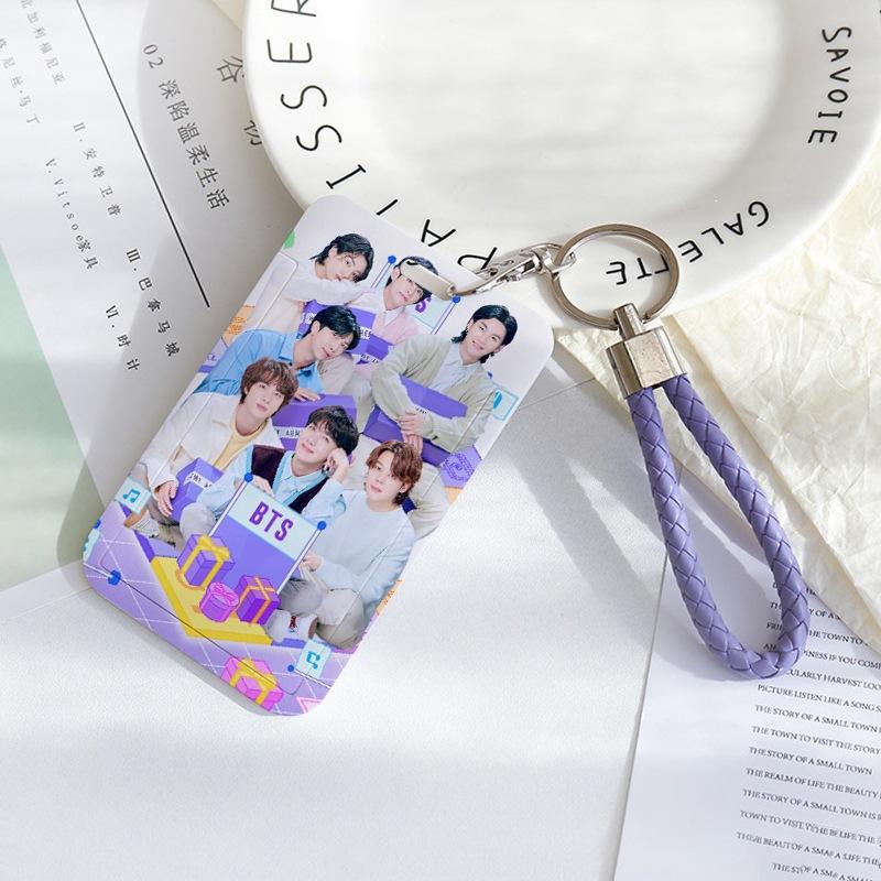 BTS Sliding Photocard Holder, Protective ID Badge Card Case with Braided Keychain Strap, Student Campus Bus Meal Card Protector Merch for ARMY