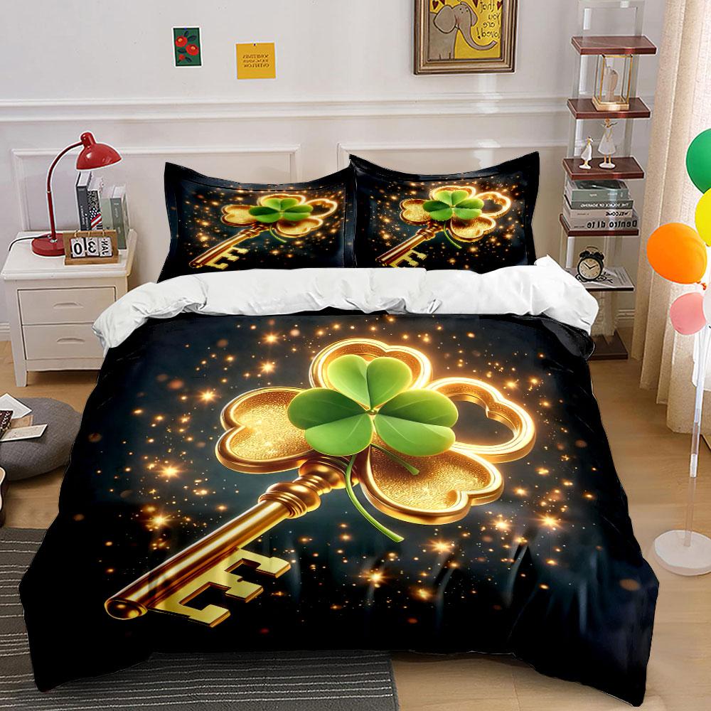 Golden Key Clover Decor Set Bedding Set with 1 Duvet Cover 2 Pillowcases Single Double King Queen, Gift