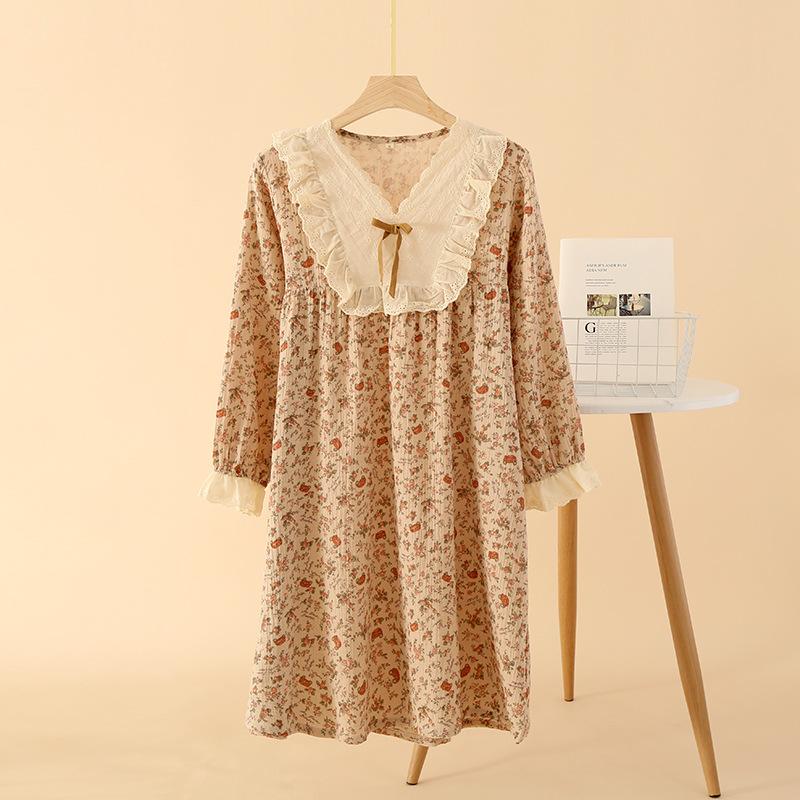 Cotton crepe pajamas women's spring and summer long-sleeved home skirts soft retro loose pajamas loungewear thin