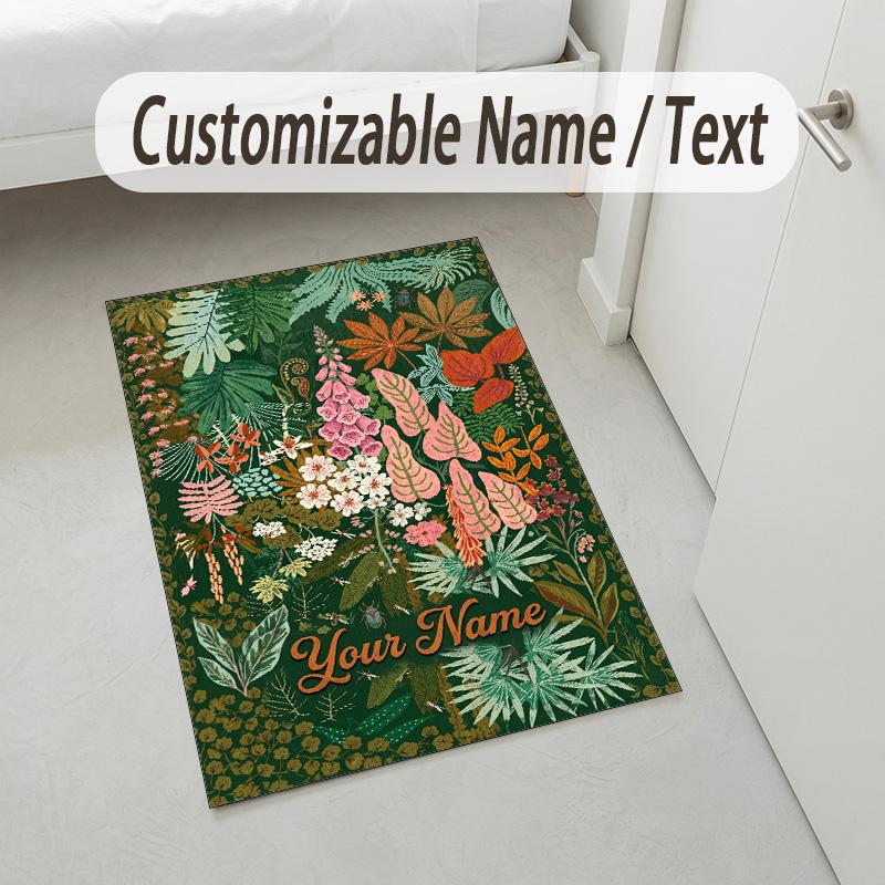 Floral Garden Theme Crystal Velvet Rug Personalized Custom Name Text Soft Floor Mat Home Decor