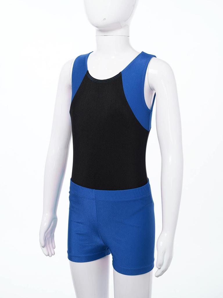 Kids Boys Round Neck Sleeveless Leotard Bodysuit Jumpsuit with Shorts Set for Gymnastic Yoga Workout Competition