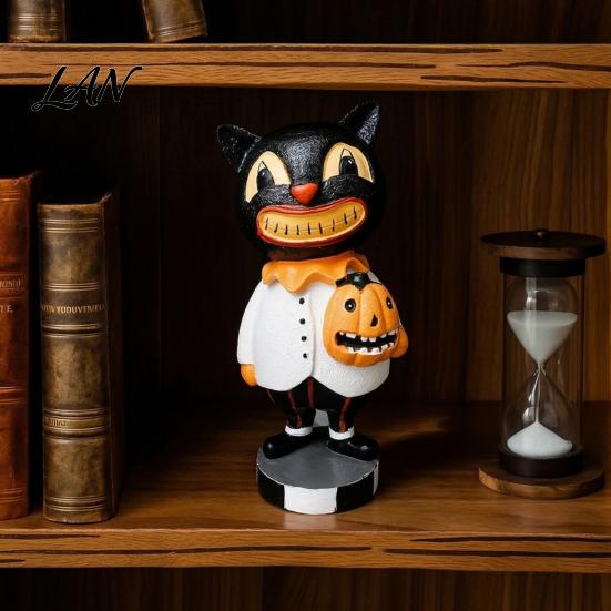 Decorative Black Cat for Porch Figurines, Vintage Halloween Ornament with Pumpkin, Small Nostalgic Style Holiday Gift Retro Resin Table Decoration