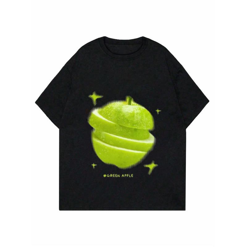Женская повседневная свободная футболка черного цвета с принтом ломтика зеленого яблока, звездами и текстом, графическая футболка для повседневной носки и уличного стиля