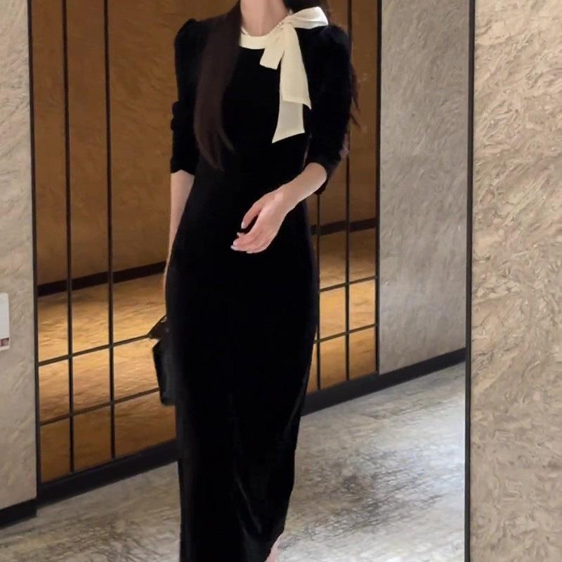 Coffee Break French Bow Celebrity Dress Women's Wear Autumn and Winter Hepburn Style Velvet Inside with Base Beautiful Long Skirt